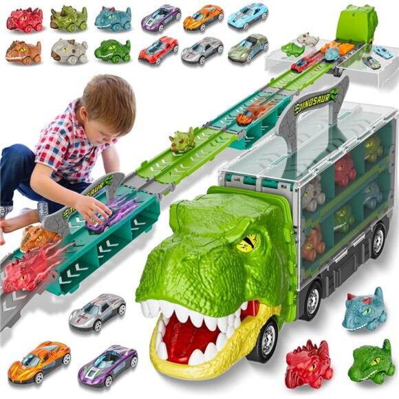 13 in 1 Dinosaur Toys Car for Kids, Dinosaur Transport Truck Track Set, Toddler - Picture 1 of 7